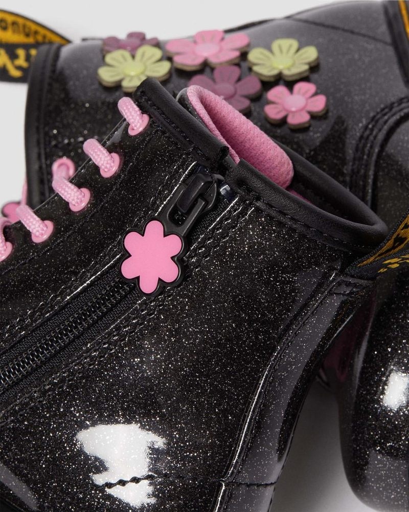 Black+Multi Dr Martens Toddler 1460 Glitter & Flower Applique Lace Up Boots (Coated Glitter Pu+Athena) Boots | MB31-C5NE