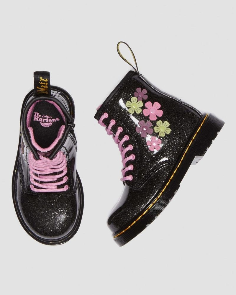 Black+Multi Dr Martens Toddler 1460 Glitter & Flower Applique Lace Up Boots (Coated Glitter Pu+Athena) Boots | MB31-C5NE