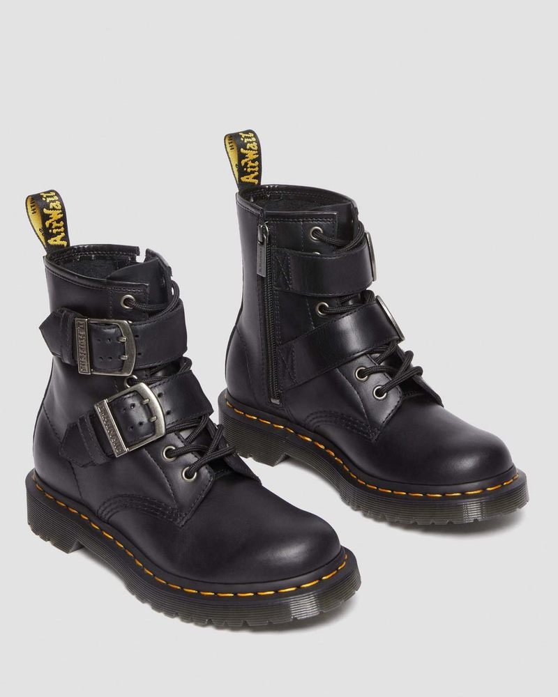 Black Dr Martens 1460 Buckle Pull Up Leather Lace Up Boots (Pull Up) Boots | SZ21-B3AR