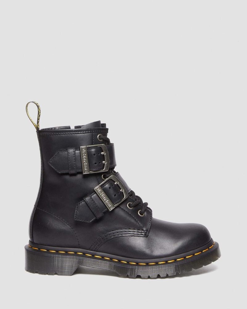 Black Dr Martens 1460 Buckle Pull Up Leather Lace Up Boots (Pull Up) Boots | SZ21-B3AR