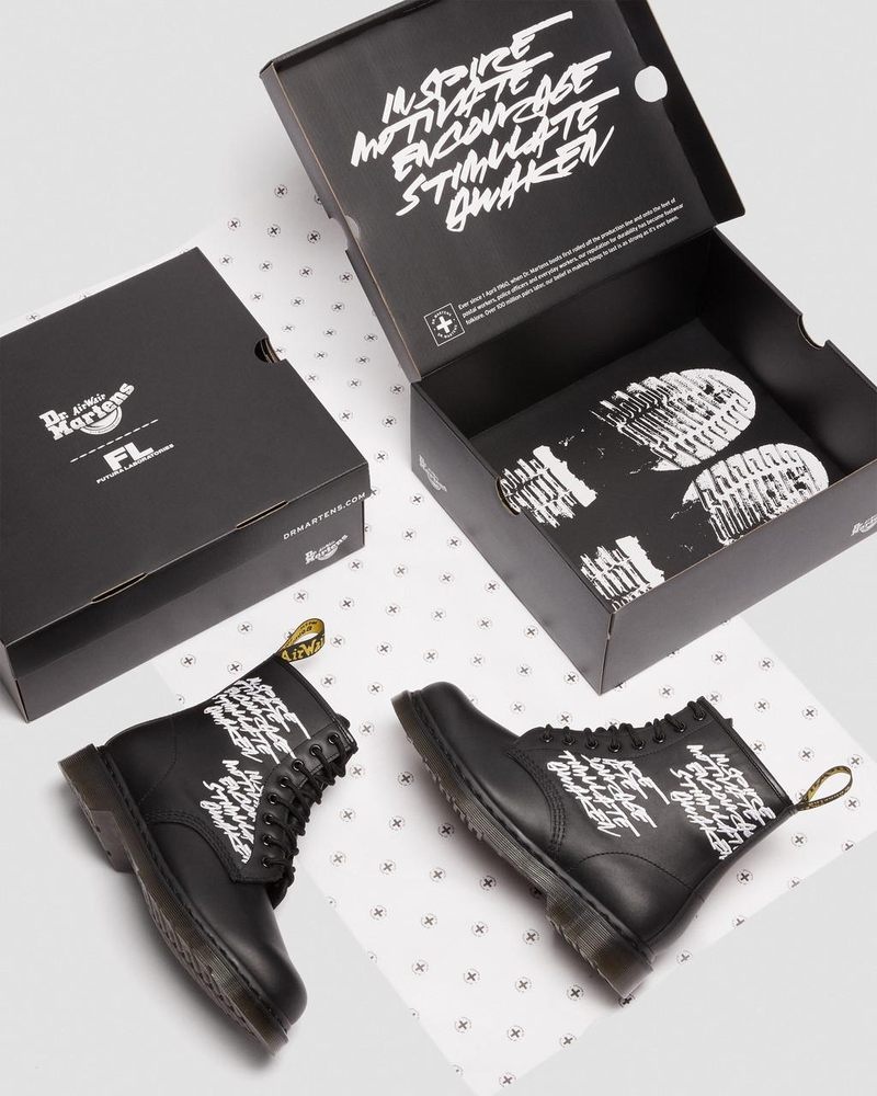 Black Dr Martens 1460 Futura Embroidered Leather Lace Up Boots (Nappa Leather) Boots | SR99-Z8ME