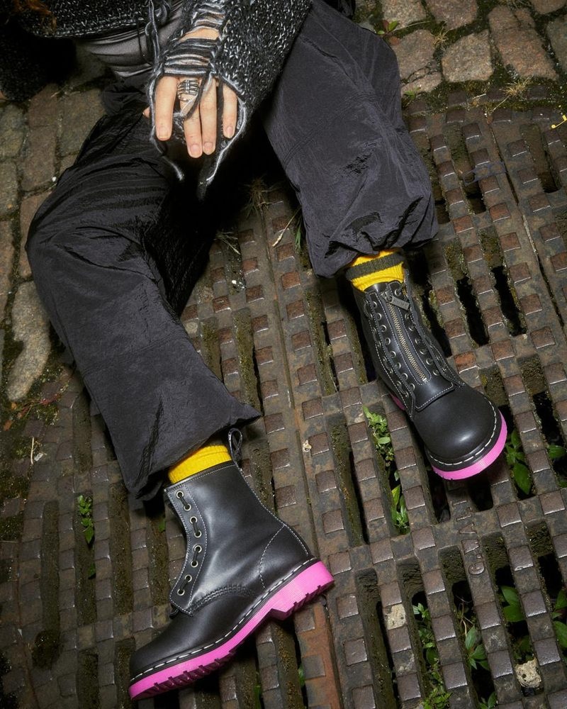 Black Dr Martens 1460 Pink Sole Wanama Leather Jungle Zip Boots (Wanama) Boots | BL42-D8CP