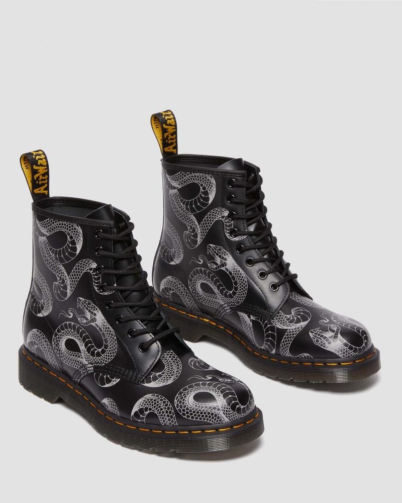 Black Dr Martens 1460 Serpent Print Leather Lace Up Boots (Wild Serpent Smooth) Boots | YA70-A9YP