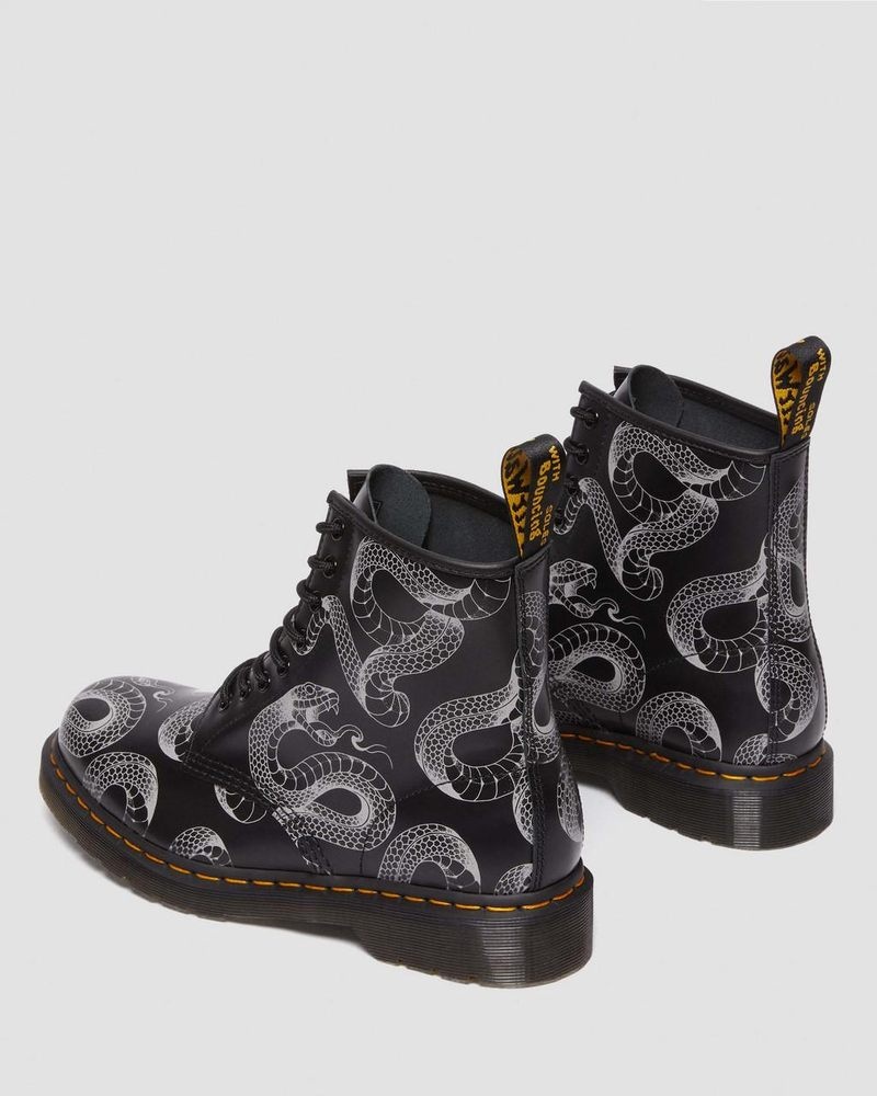 Black Dr Martens 1460 Serpent Print Leather Lace Up Boots (Wild Serpent Smooth) Boots | YA70-A9YP