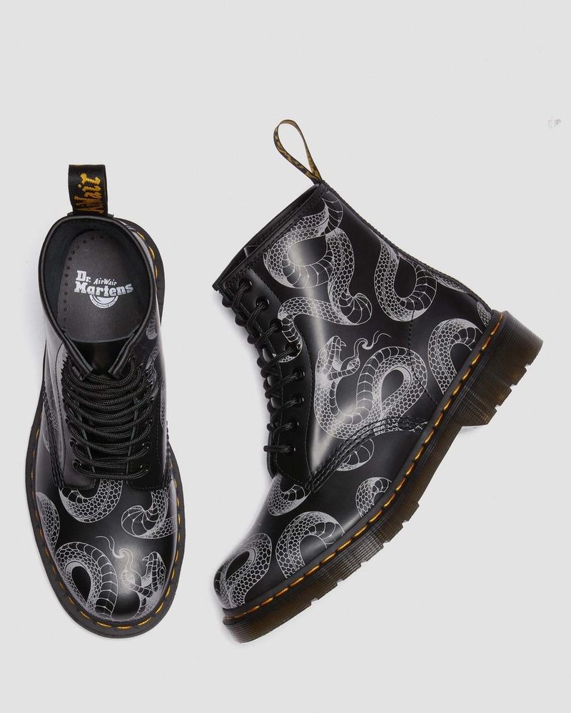 Black Dr Martens 1460 Serpent Print Leather Lace Up Boots (Wild Serpent Smooth) Boots | YA70-A9YP