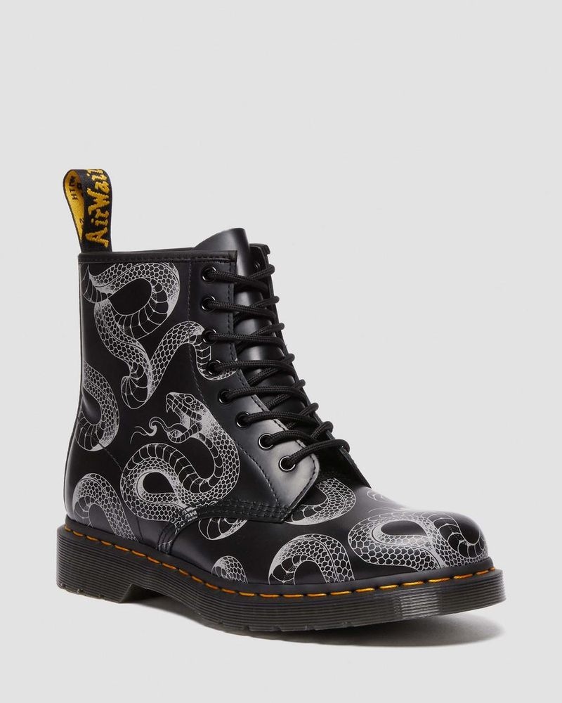 Black Dr Martens 1460 Serpent Print Leather Lace Up Boots (Wild Serpent Smooth) Boots | YA70-A9YP