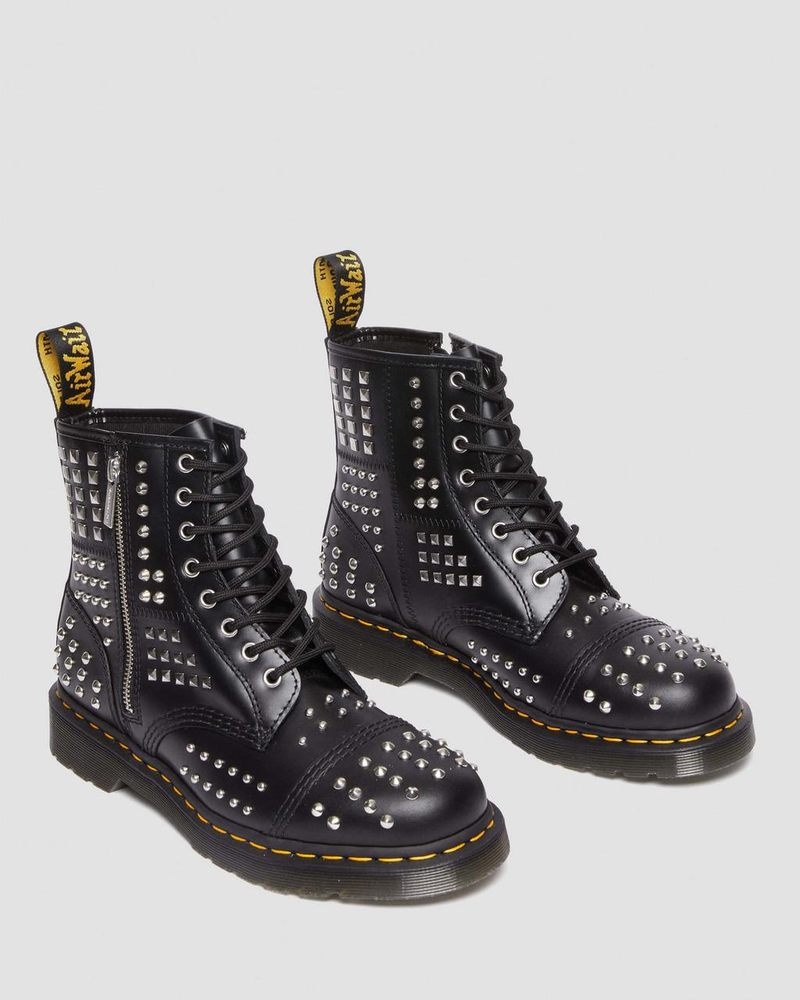 Black Dr Martens 1460 Studded Zip Atlas Leather Lace Up Boots (Atlas) Boots | HG96-D4ND