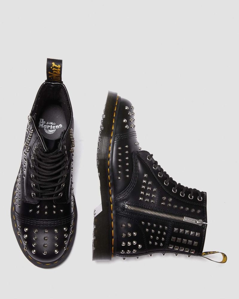 Black Dr Martens 1460 Studded Zip Atlas Leather Lace Up Boots (Atlas) Boots | HG96-D4ND