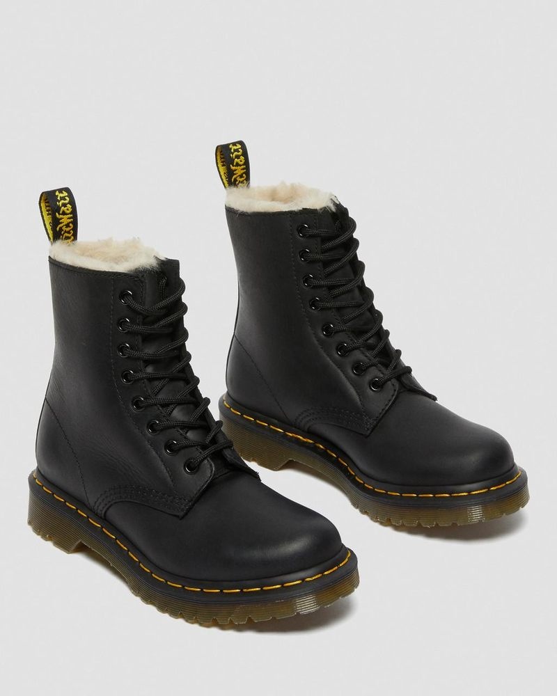 Black Dr Martens 1460 - Faux Fur Lined Lace Up Boots (Burnished Wyoming) Boots | NW95-A4RJ