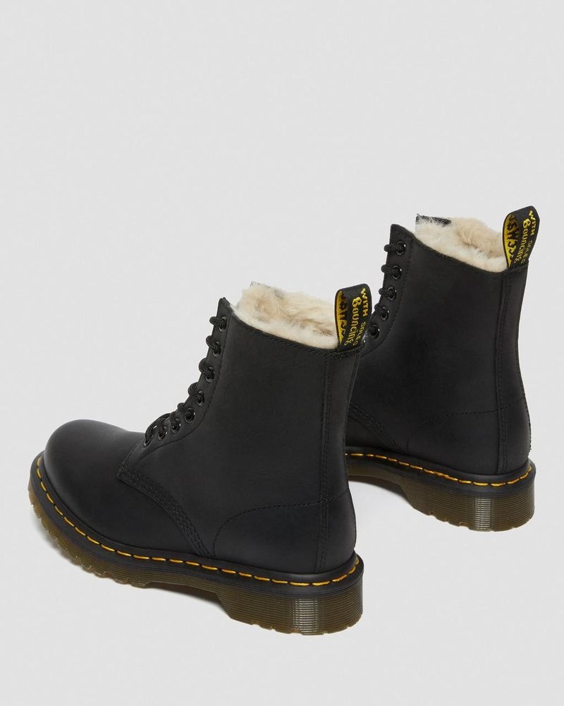 Black Dr Martens 1460 - Faux Fur Lined Lace Up Boots (Burnished Wyoming) Boots | NW95-A4RJ