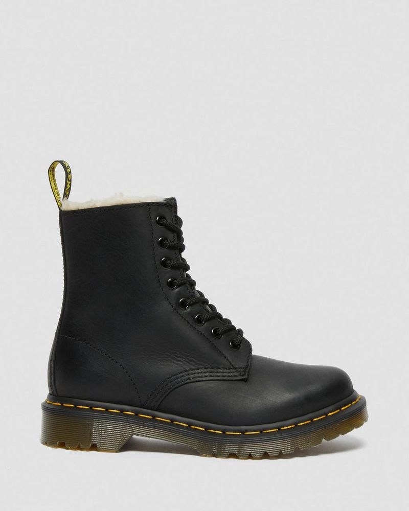 Black Dr Martens 1460 - Faux Fur Lined Lace Up Boots (Burnished Wyoming) Boots | NW95-A4RJ