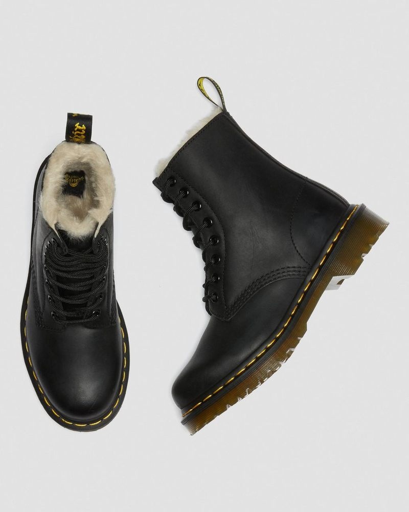 Black Dr Martens 1460 - Faux Fur Lined Lace Up Boots (Burnished Wyoming) Boots | NW95-A4RJ