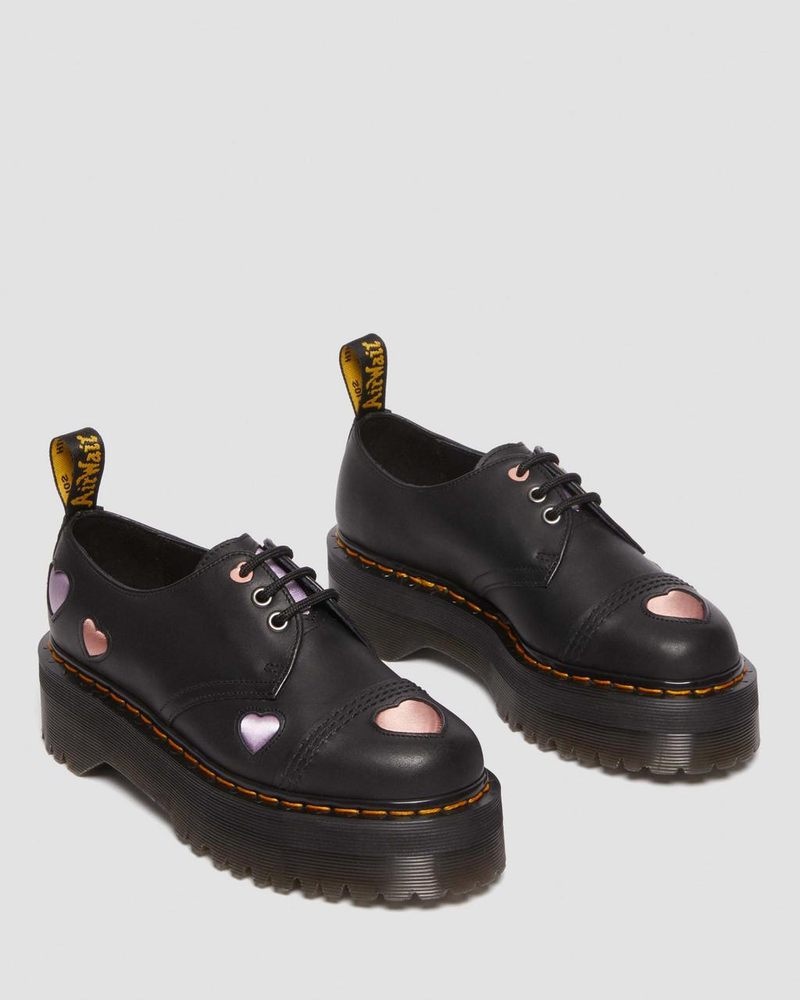 Black Dr Martens 1461 Leather Heart Platform Shoes (Lapstone+Satin Lux) Platforms | PP15-K2VW