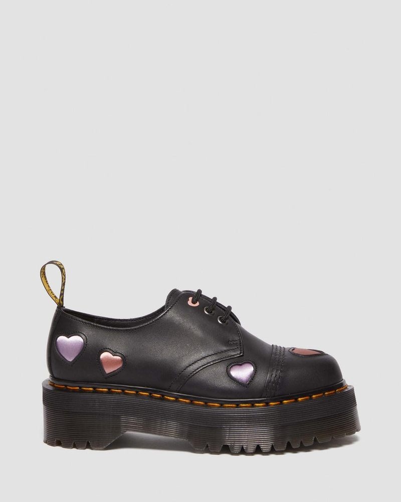 Black Dr Martens 1461 Leather Heart Platform Shoes (Lapstone+Satin Lux) Platforms | PP15-K2VW