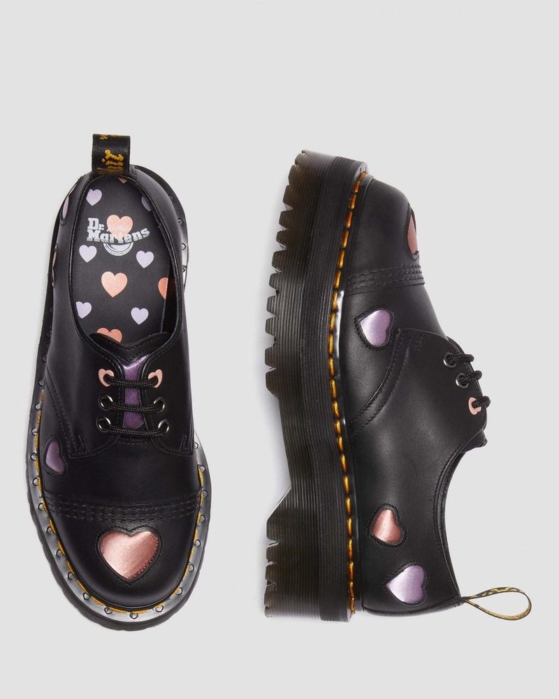 Black Dr Martens 1461 Leather Heart Platform Shoes (Lapstone+Satin Lux) Platforms | PP15-K2VW