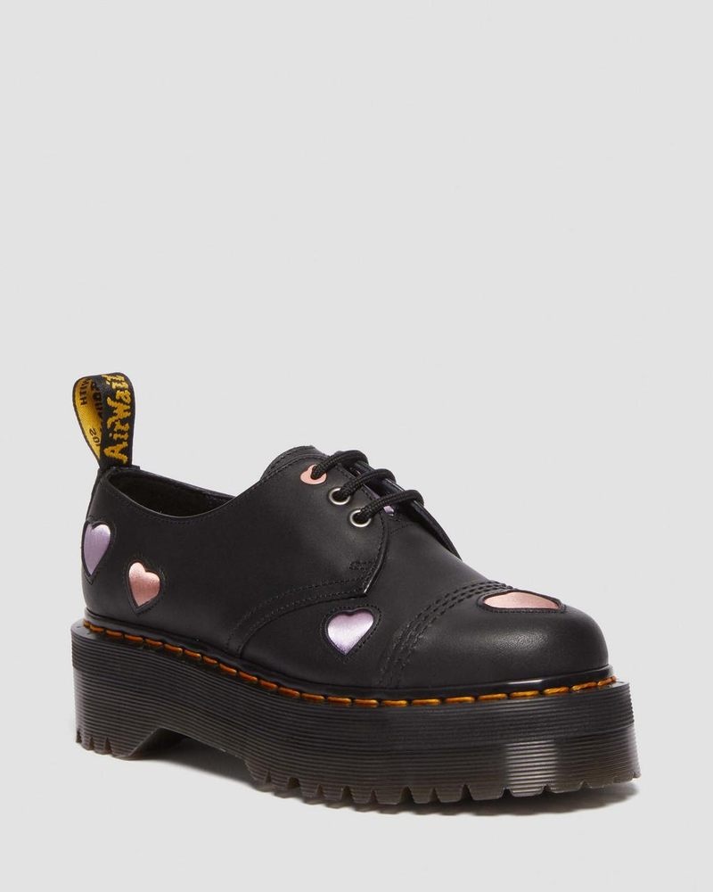 Black Dr Martens 1461 Leather Heart Platform Shoes (Lapstone+Satin Lux) Platforms | PP15-K2VW