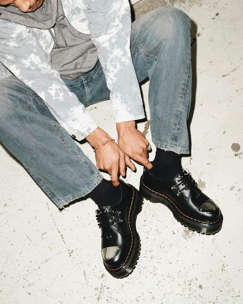 Black Dr Martens 1461 Piercing Milled Nappa Leather Platform Shoes (Milled Nappa) Platforms | IE71-E8NZ