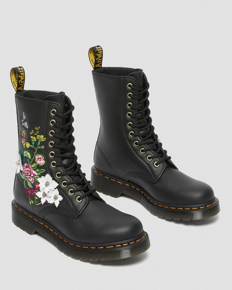 Black Dr Martens 1490 Floral Bloom Leather Mid-Calf Boots (Nappa Leather) Boots | NI04-T5GS