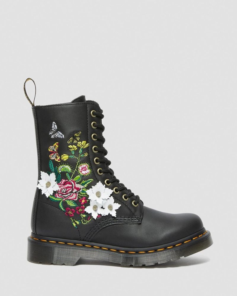 Black Dr Martens 1490 Floral Bloom Leather Mid-Calf Boots (Nappa Leather) Boots | NI04-T5GS