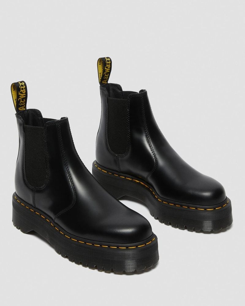 Black Dr Martens 2976 Smooth Leather Platform Chelsea Boots (Polished Smooth) Platforms Boots | UK59-Y9ZP