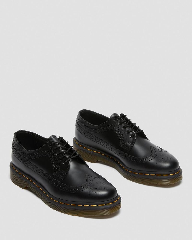 Black Dr Martens 3989 Yellow Stitch Smooth Leather Brogue Shoes (Smooth Leather) Shoes | AI52-E8FJ