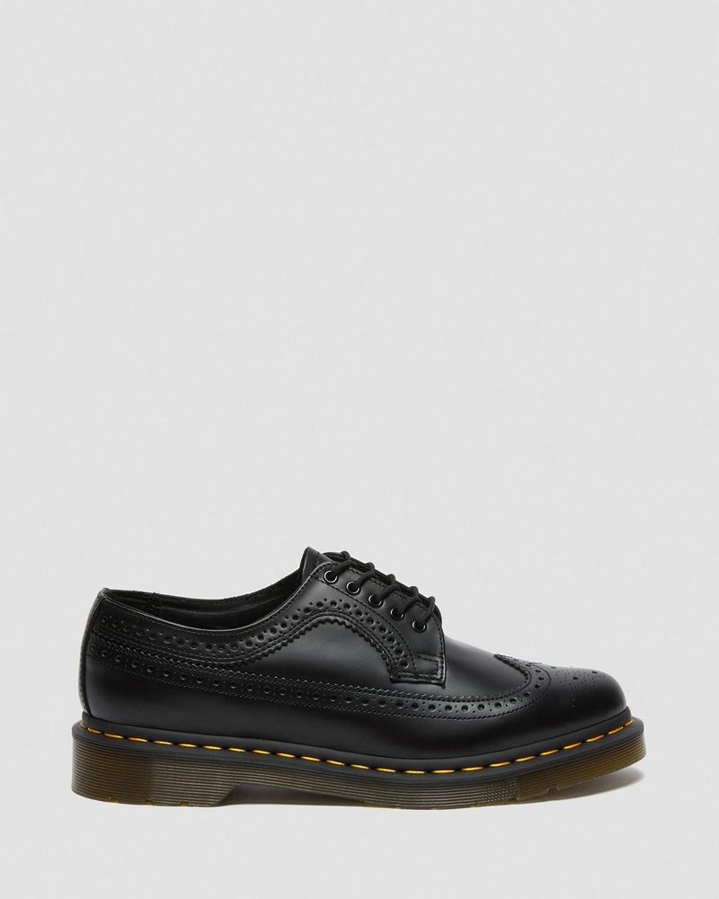 Black Dr Martens 3989 Yellow Stitch Smooth Leather Brogue Shoes (Smooth Leather) Shoes | AI52-E8FJ