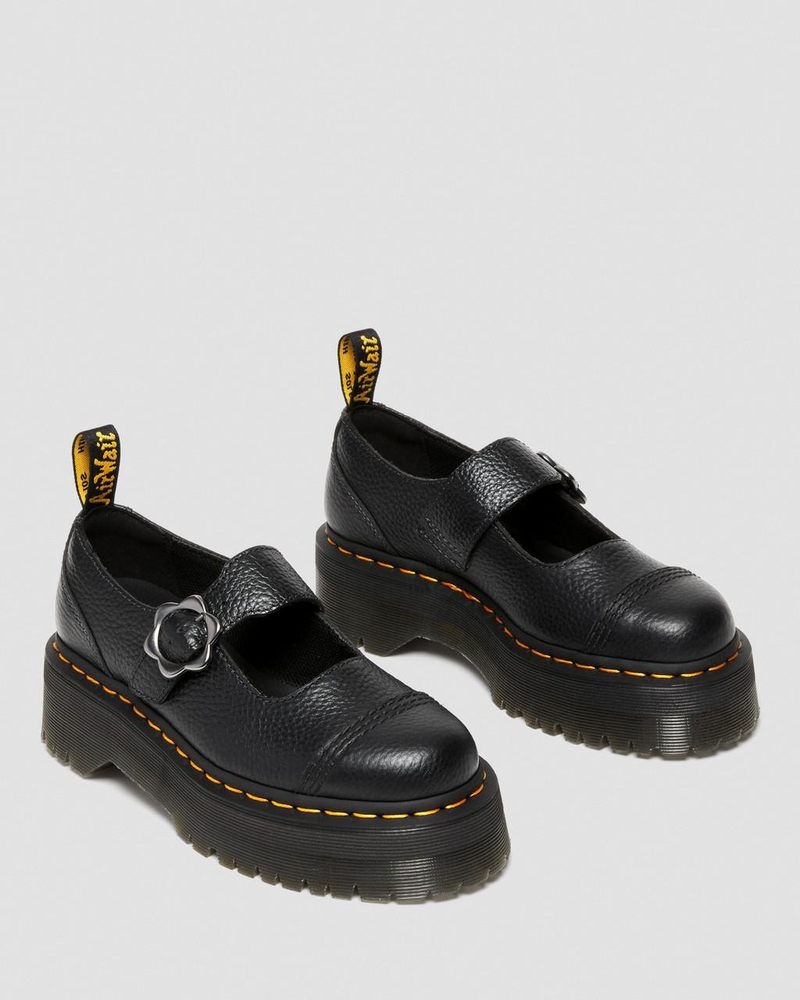 Black Dr Martens Addina Flower Buckle Leather Platform Shoes (Milled Nappa) Platforms Shoes | ET39-R5ZP