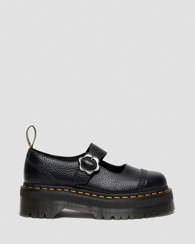 Black Dr Martens Addina Flower Buckle Leather Platform Shoes (Milled Nappa) Platforms Shoes | ET39-R5ZP