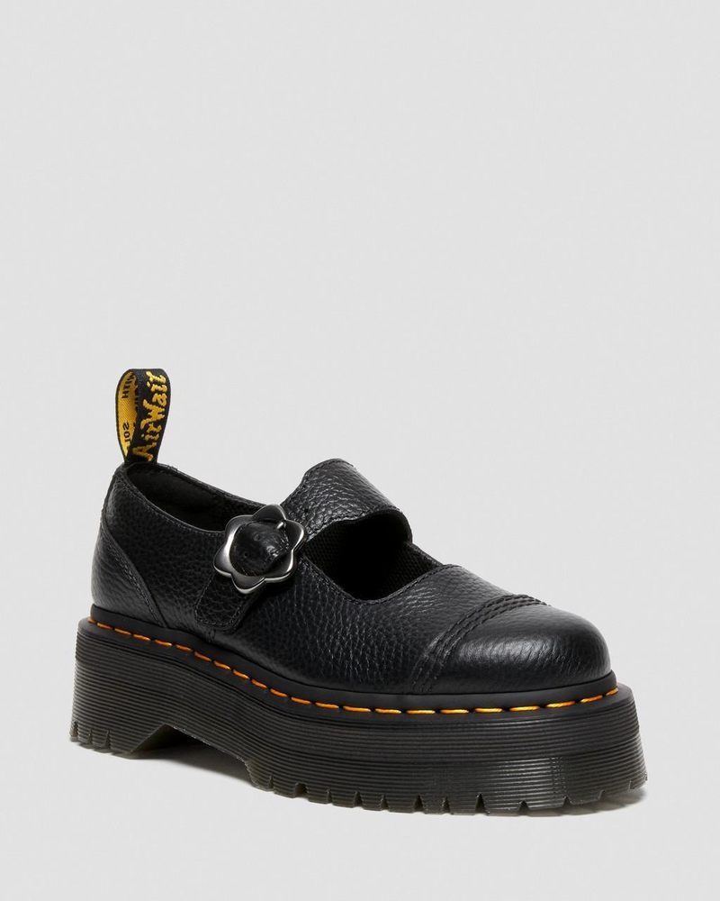 Black Dr Martens Addina Flower Buckle Leather Platform Shoes (Milled Nappa) Platforms Shoes | ET39-R5ZP