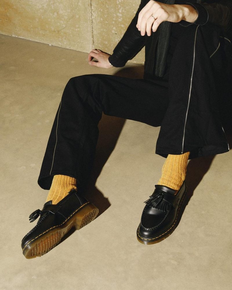 Black Dr Martens Adrian Yellow Stitch Leather Tassel Loafers (Smooth Leather) Shoes | TT85-G3EM