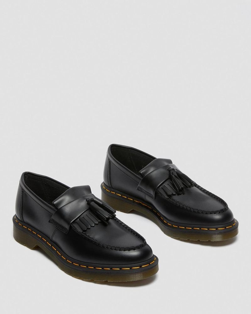 Black Dr Martens Adrian Yellow Stitch Leather Tassel Loafers (Smooth Leather) Shoes | TT85-G3EM