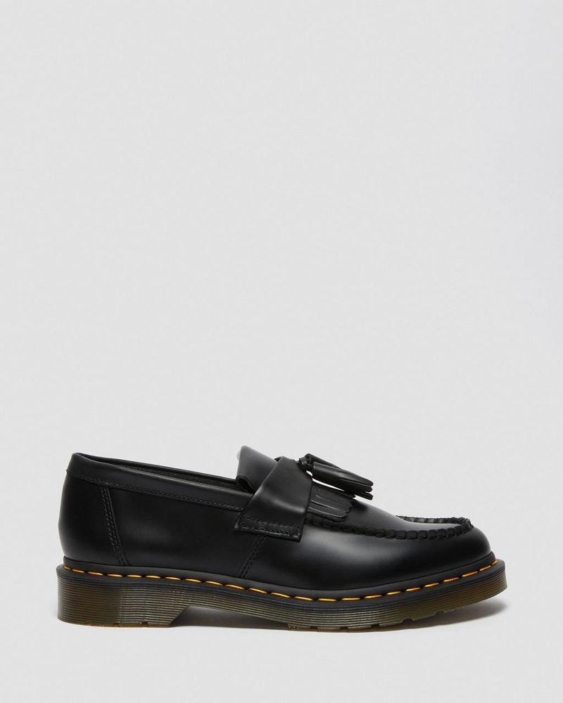 Black Dr Martens Adrian Yellow Stitch Leather Tassel Loafers (Smooth Leather) Shoes | TT85-G3EM