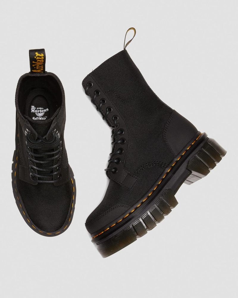 Black Dr Martens Audrick 10-Eye Poly & Leather Platform Boots (Ajax+Extra Tough 50/50) Boots | QK17-V1GV