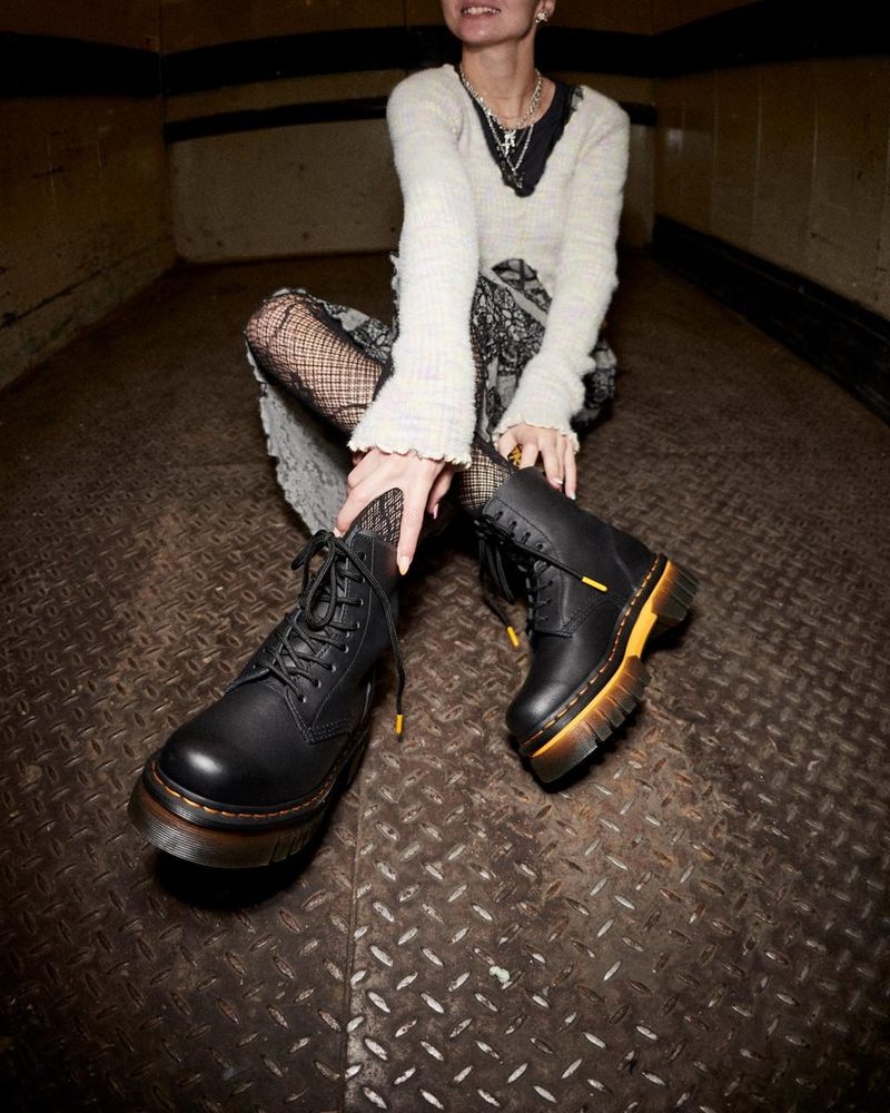 Black Dr Martens Audrick Contrast Sole Leather Platform Ankle Boots (Polished Lucido) Boots | JZ15-L8JD