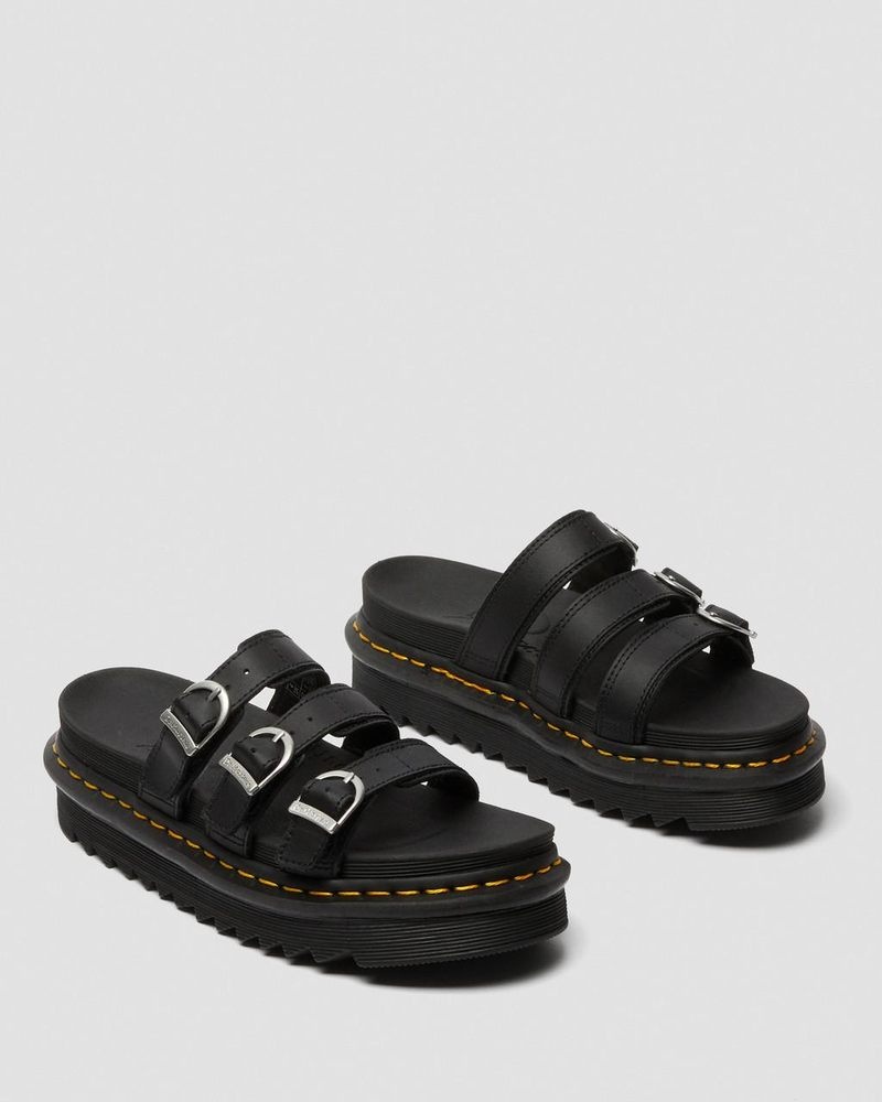 Black Dr Martens Blaire Leather Slide Sandals (Hydro Leather) Platforms Sandals | LR41-D5JE