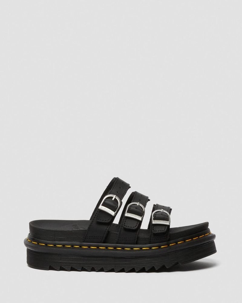 Black Dr Martens Blaire Leather Slide Sandals (Hydro Leather) Platforms Sandals | LR41-D5JE