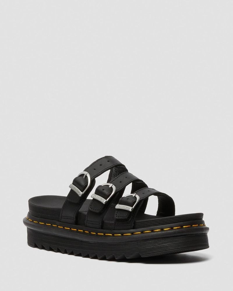 Black Dr Martens Blaire Leather Slide Sandals (Hydro Leather) Platforms Sandals | LR41-D5JE