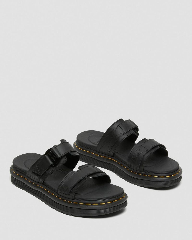 Black Dr Martens Chilton Men's Leather Slide Sandals (Hydro Leather) Sandals | GE97-W6XK