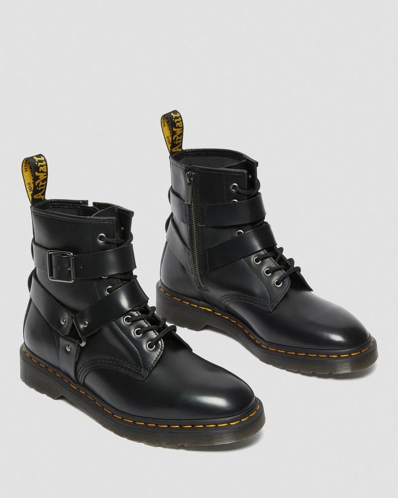 Black Dr Martens Cristofor Leather Harness Lace Up Boots (Polished Smooth) Boots | LM28-X5SM