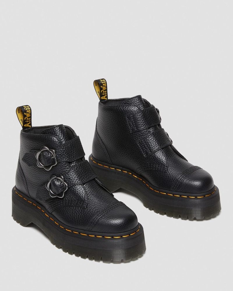 Black Dr Martens Devon Flower Buckle Leather Platform Boots (Milled Nappa) Platforms Boots | SG41-H7WP