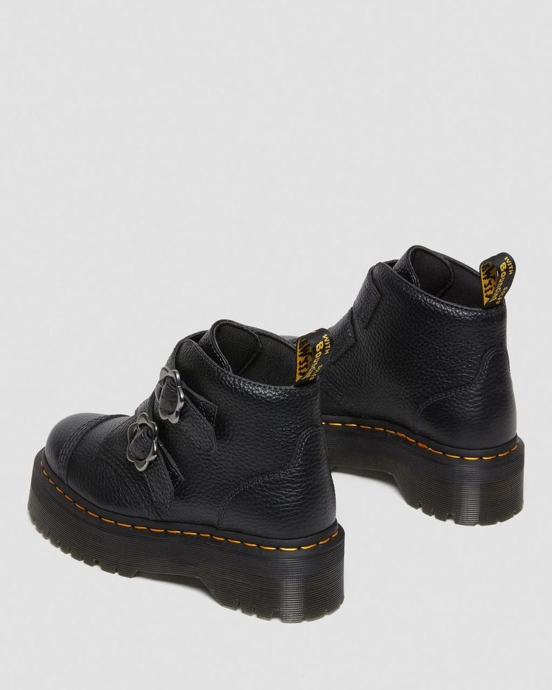 Black Dr Martens Devon Flower Buckle Leather Platform Boots (Milled Nappa) Platforms Boots | SG41-H7WP