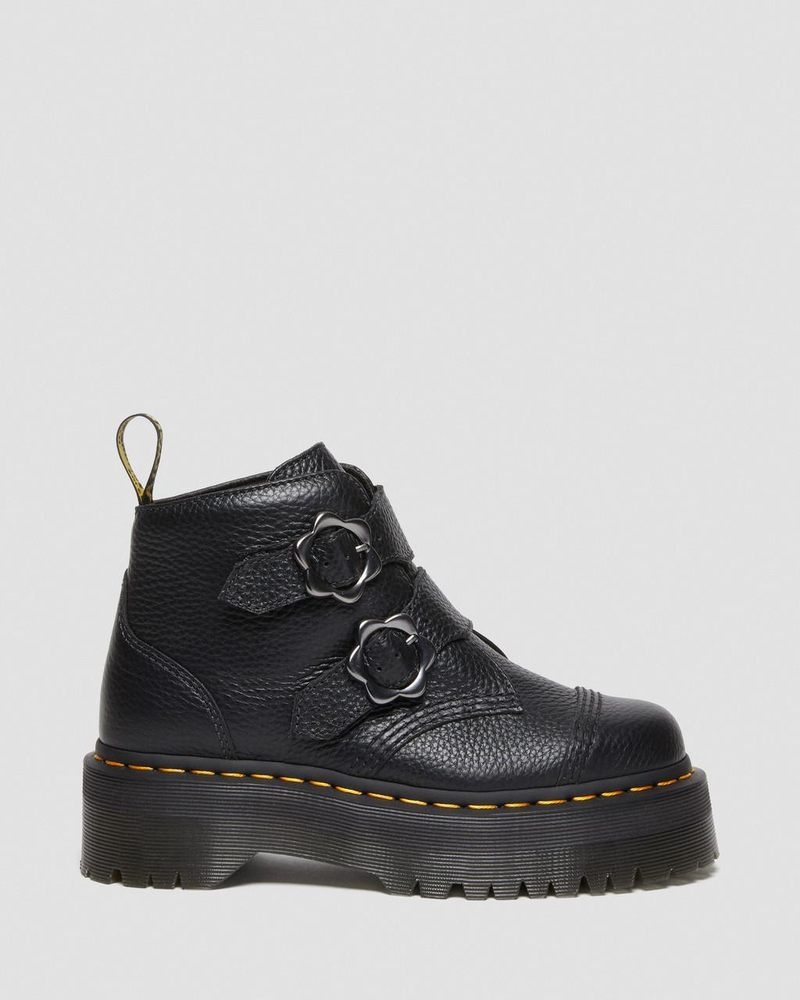 Black Dr Martens Devon Flower Buckle Leather Platform Boots (Milled Nappa) Platforms Boots | SG41-H7WP