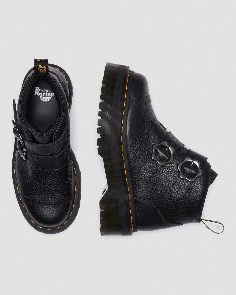 Black Dr Martens Devon Flower Buckle Leather Platform Boots (Milled Nappa) Platforms Boots | SG41-H7WP