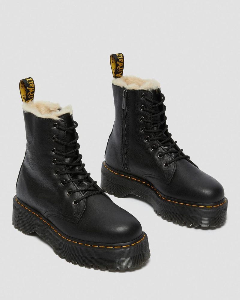 Black Dr Martens Jadon Boot Leather Faux Fur Lined Platforms (Pisa) Platforms Boots | OO49-L5KH