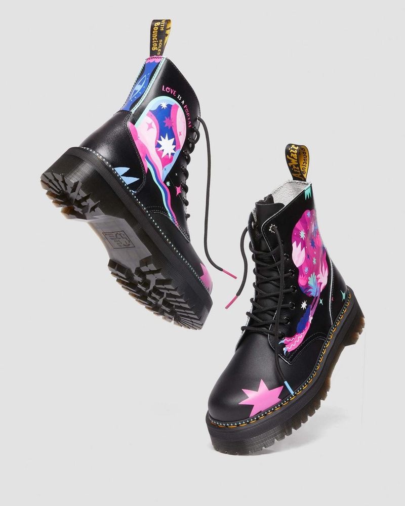 Black Dr Martens Jadon Boot Loveis Wise Pride Platforms (Smooth Leather) Shoes | PR50-F1BS