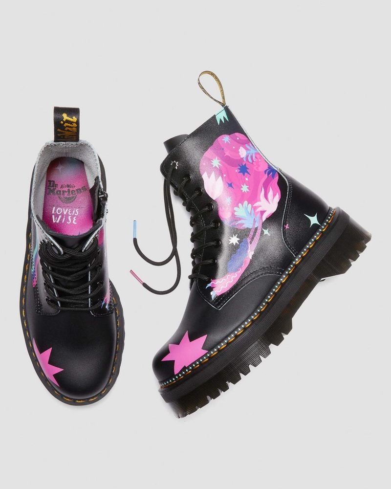 Black Dr Martens Jadon Boot Loveis Wise Pride Platforms (Smooth Leather) Shoes | PR50-F1BS