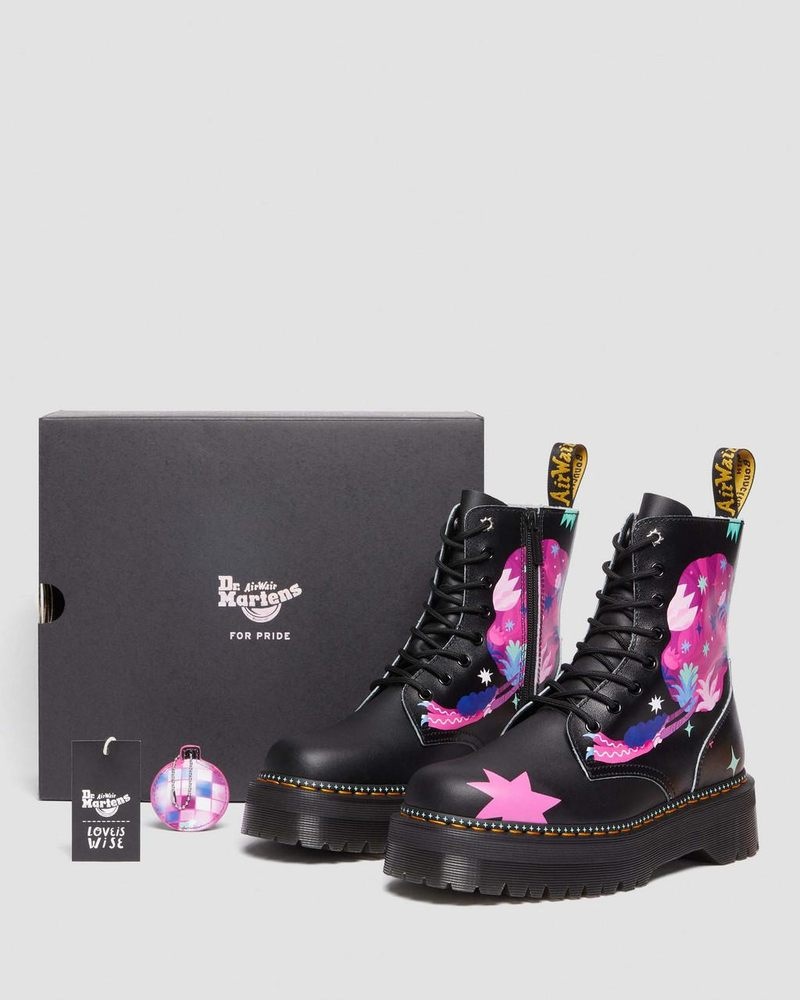 Black Dr Martens Jadon Boot Loveis Wise Pride Platforms (Smooth Leather) Shoes | PR50-F1BS