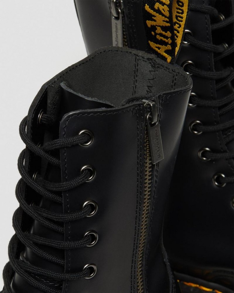 Black Dr Martens Jadon Hi Boot Smooth Leather Platforms (Polished Smooth) Platforms Boots | MO30-R9DU