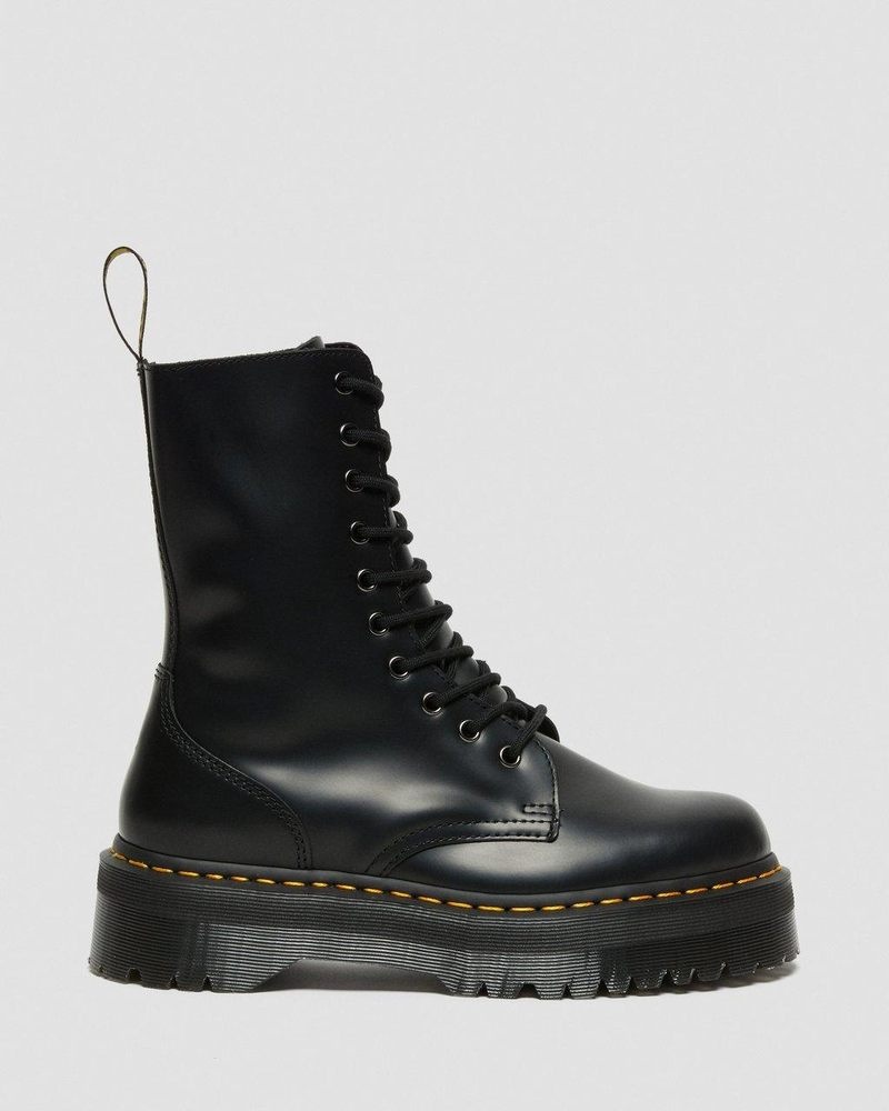 Black Dr Martens Jadon Hi Boot Smooth Leather Platforms (Polished Smooth) Platforms Boots | MO30-R9DU