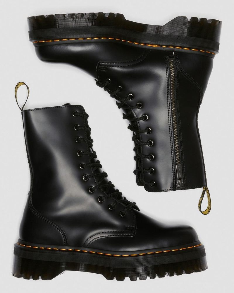 Black Dr Martens Jadon Hi Boot Smooth Leather Platforms (Polished Smooth) Platforms Boots | MO30-R9DU